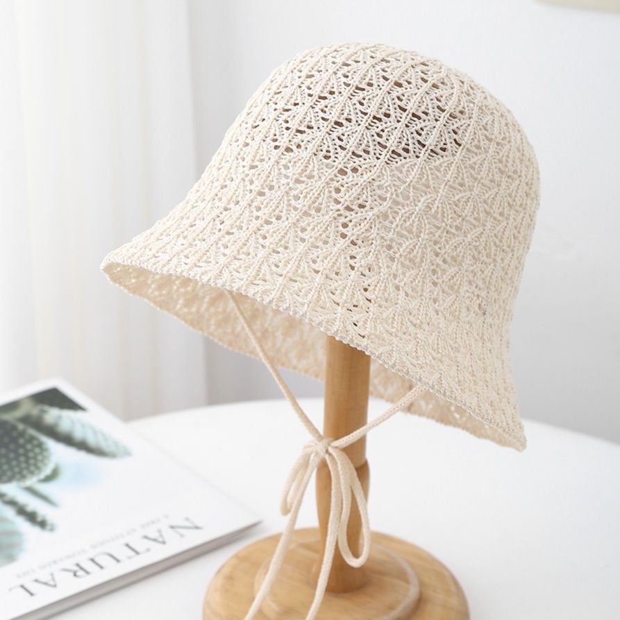 バケットハット 透かし編みのあわせ紐付きバケットハット