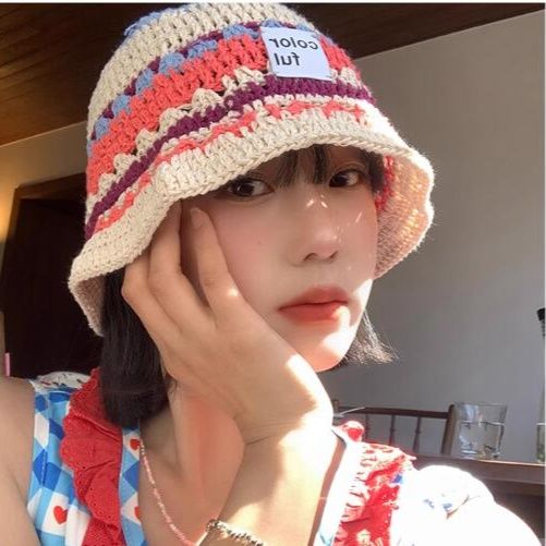 バケットハット 編み物 手作り風バケットハット 女性用 カラフル ボーダー柄 日よけ帽子