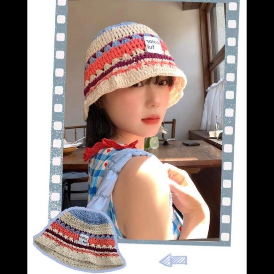 バケットハット 編み物 手作り風バケットハット 女性用 カラフル ボーダー柄 日よけ帽子