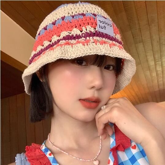 バケットハット 編み物 手作り風バケットハット 女性用 カラフル ボーダー柄 日よけ帽子