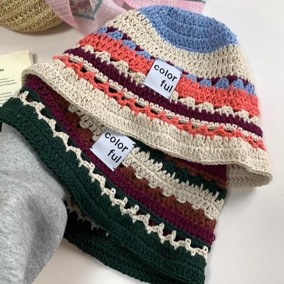 バケットハット 編み物 手作り風バケットハット 女性用 カラフル ボーダー柄 日よけ帽子