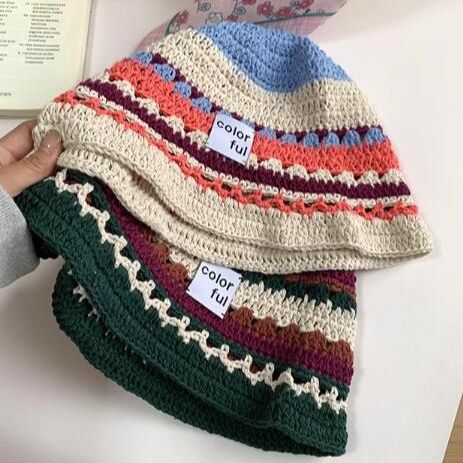 バケットハット 編み物 手作り風バケットハット 女性用 カラフル ボーダー柄 日よけ帽子