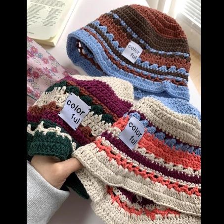 バケットハット 編み物 手作り風バケットハット 女性用 カラフル ボーダー柄 日よけ帽子