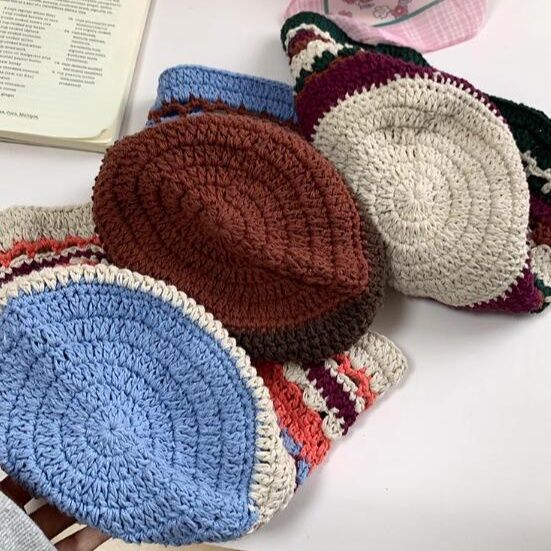 バケットハット 編み物 手作り風バケットハット 女性用 カラフル ボーダー柄 日よけ帽子