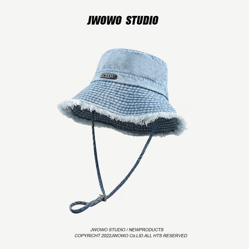 バケットハット 日焼け防止 フリンジ縁 ロゴ入り 紐付きバケットハット