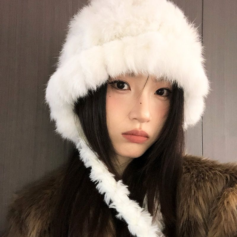 バケットハット ふわふわ毛足長編み込みひも付きファーバケットハット