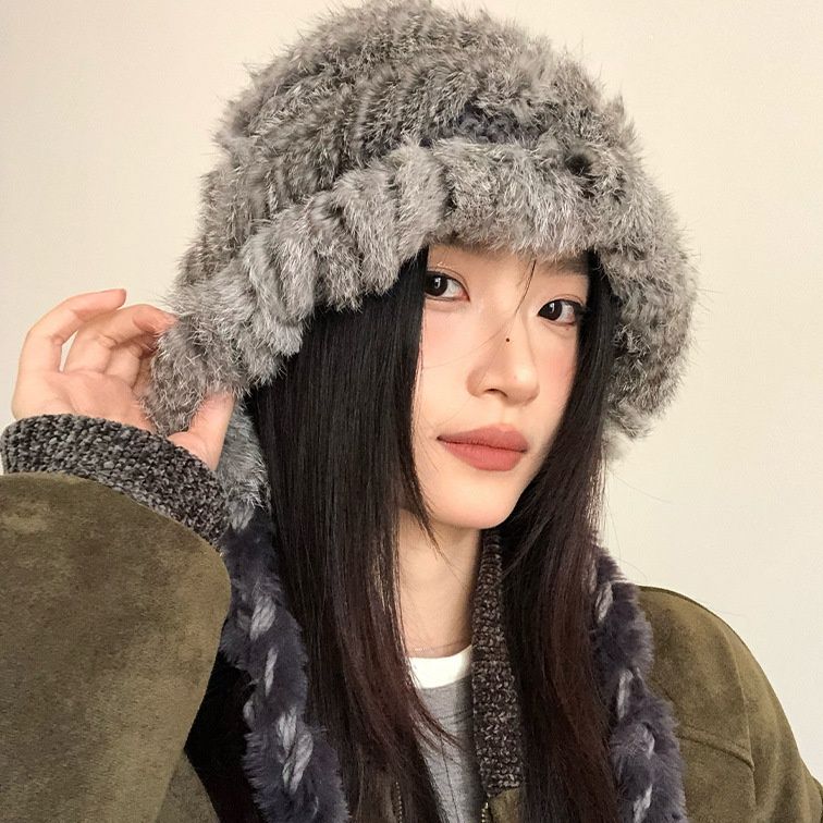 バケットハット ふわふわ毛足長編み込みひも付きファーバケットハット