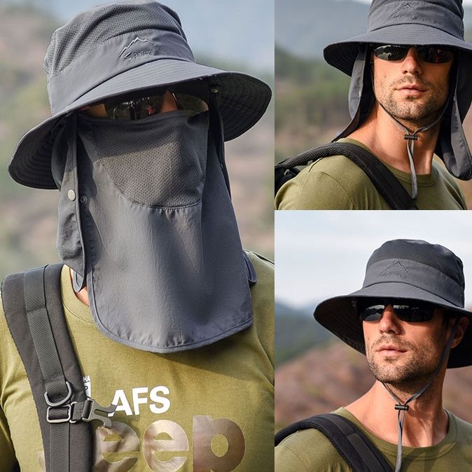 バケットハット 多機能日よけ付き登山バケットハット紐付き