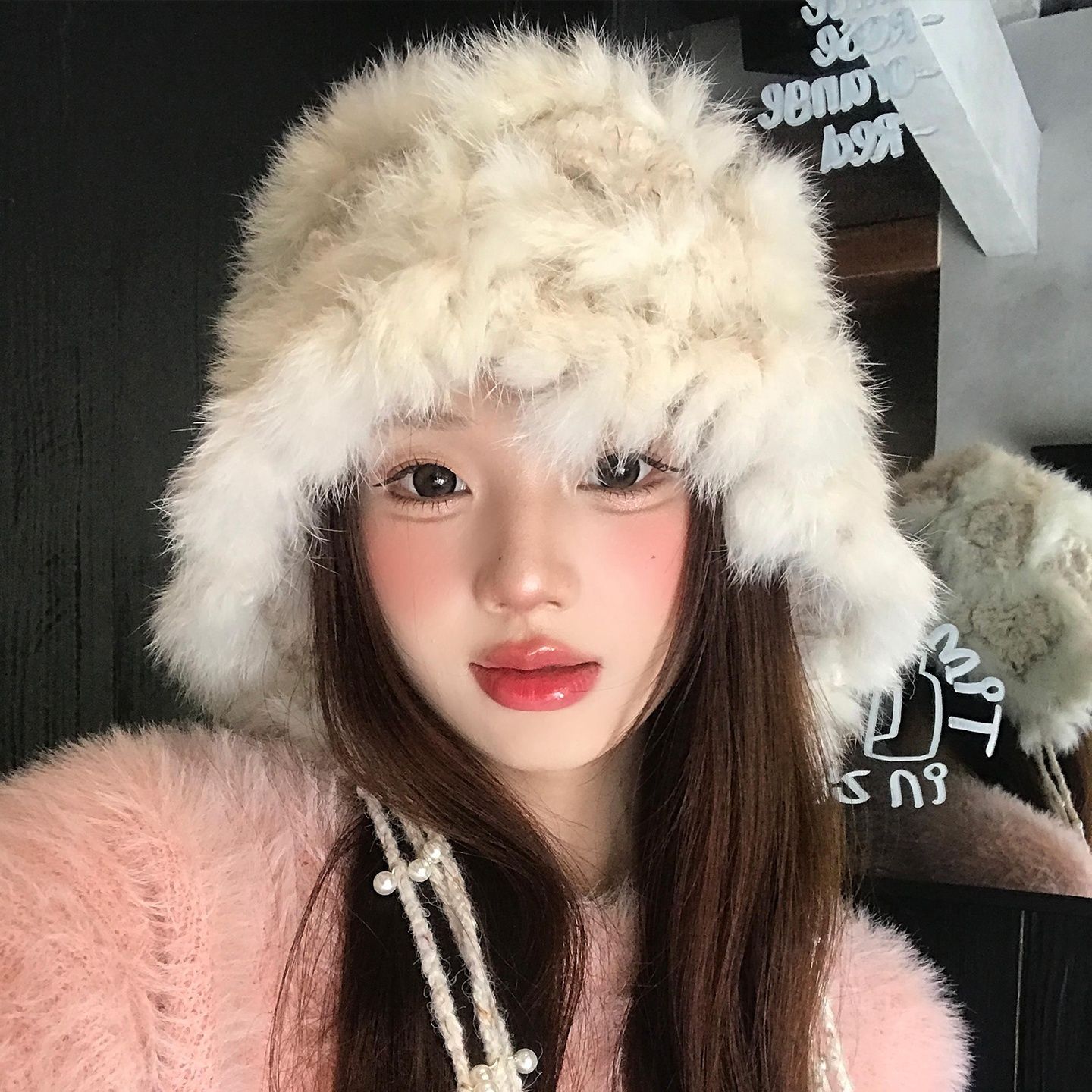 バケットハット ふわふわボリュームファー付きバケットハット