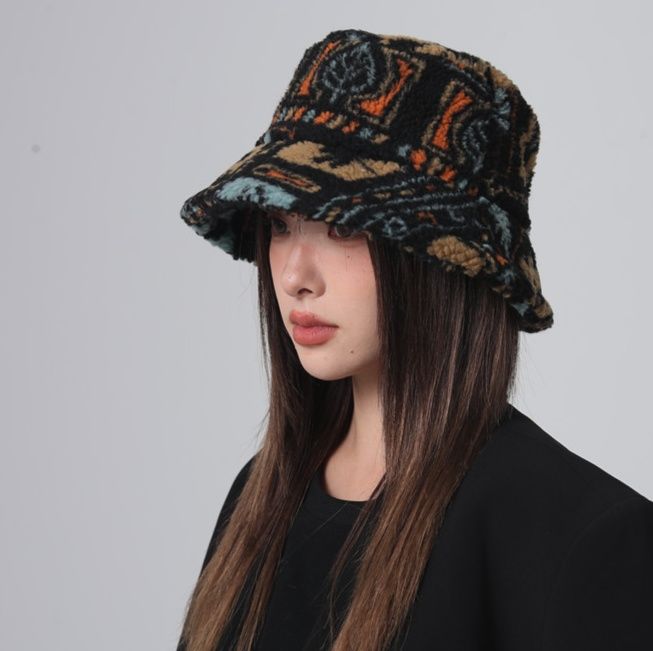 バケットハット 民族風刺繍柄ふわふわファーバケットハット