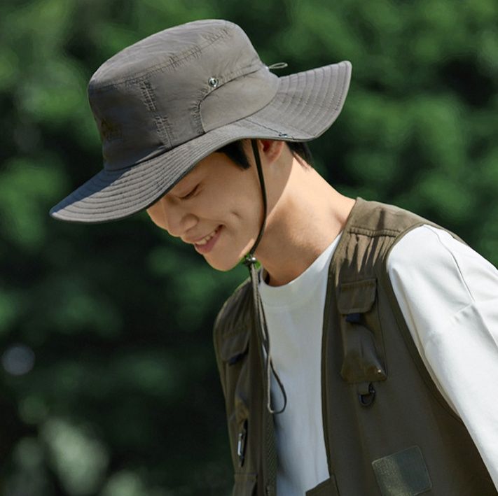 バケットハット ロゴ刺繍 紐付きアウトドアバケットハット