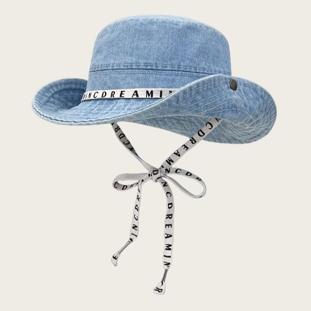 バケットハット 英字ロゴテープ付き紐付きデニム風バケットハット
