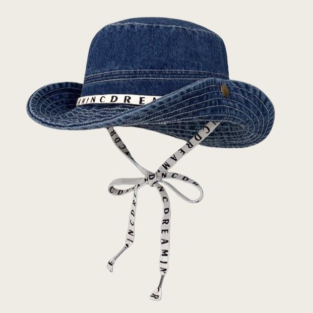 バケットハット 英字ロゴテープ付き紐付きデニム風バケットハット
