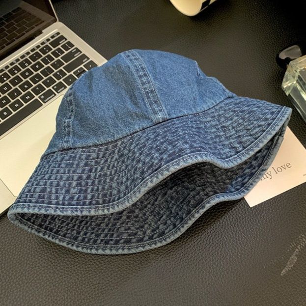 バケットハット ヴィンテージ風デニム生地のつば広バケットハット