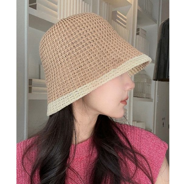 バケットハット 縁取りデザイン 透かし編みバケットハット