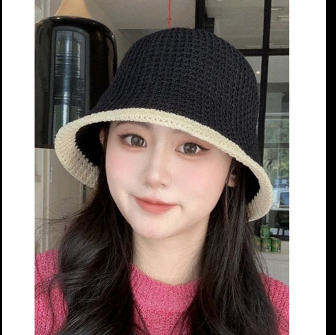 バケットハット 縁取りデザイン 透かし編みバケットハット
