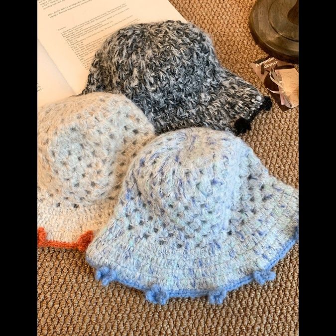 バケットハット ふわふわ波 ウェーブ 縁取り 手編みバケットハット