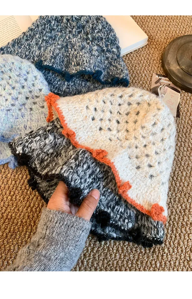 バケットハット ふわふわ波 ウェーブ 縁取り 手編みバケットハット