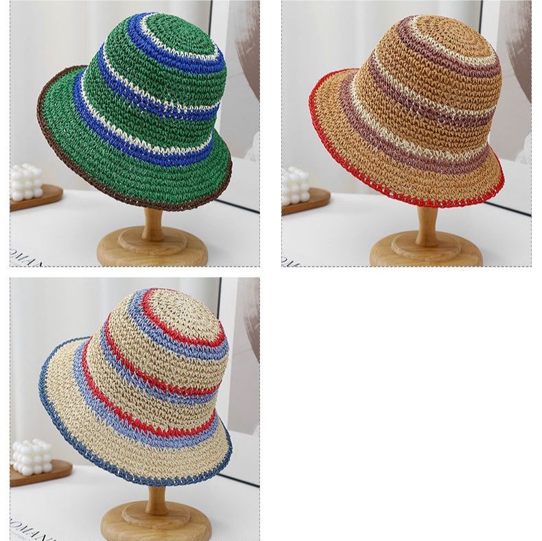 バケットハット 配色 ストライプ柄 手編み 麦わらバケットハット