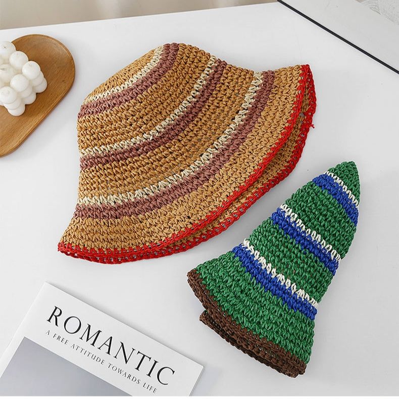 バケットハット 配色 ストライプ柄 手編み 麦わらバケットハット