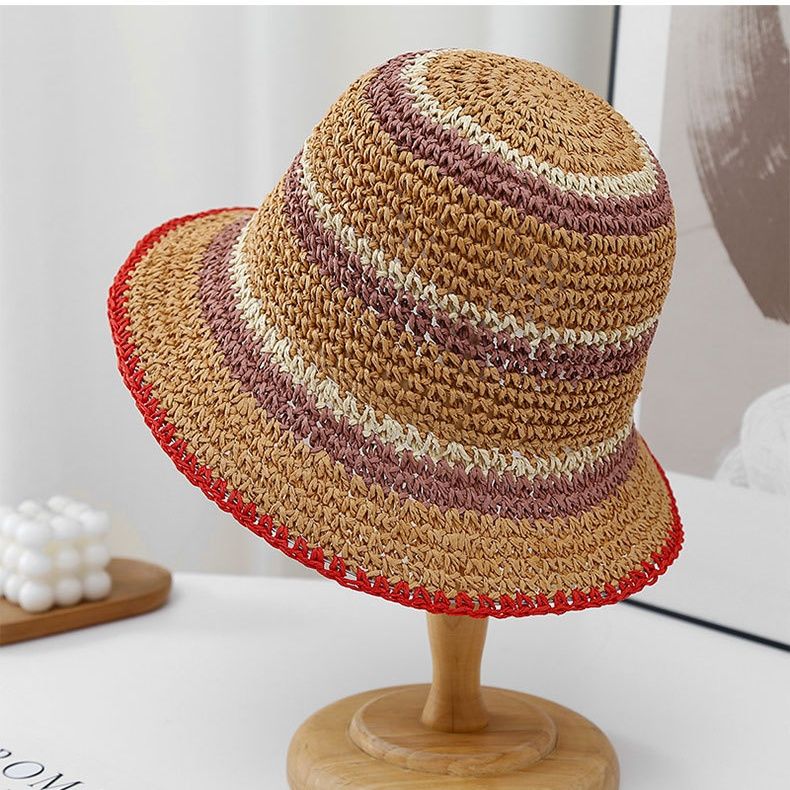 バケットハット 配色 ストライプ柄 手編み 麦わらバケットハット