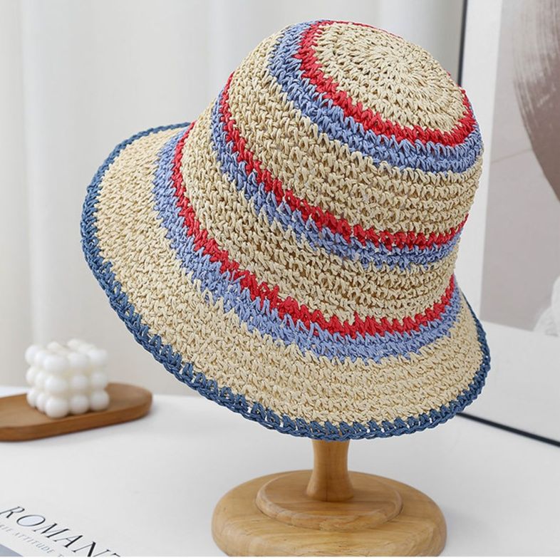 バケットハット 配色 ストライプ柄 手編み 麦わらバケットハット