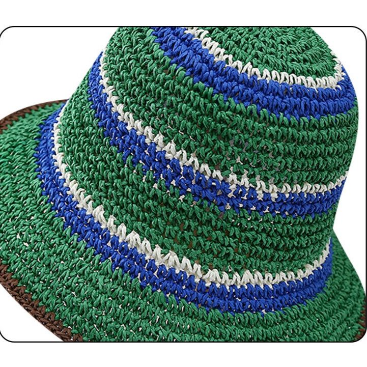 バケットハット 配色 ストライプ柄 手編み 麦わらバケットハット