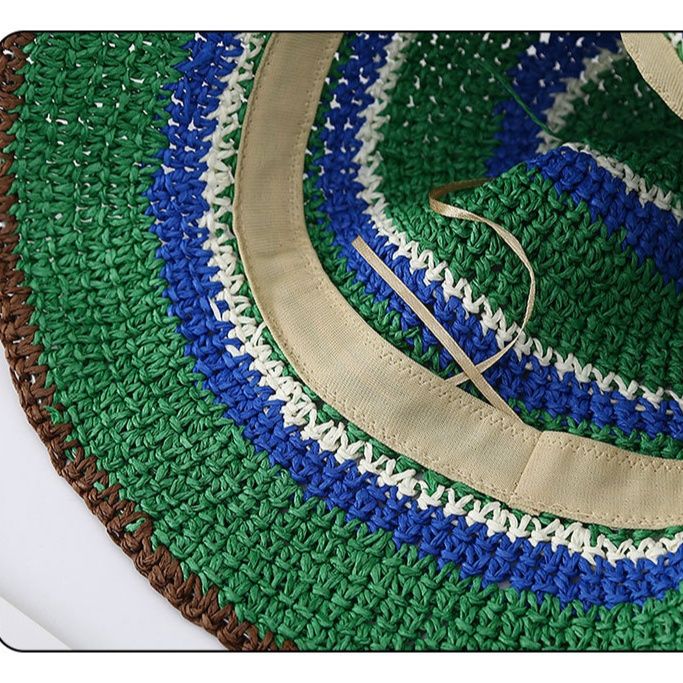 バケットハット 配色 ストライプ柄 手編み 麦わらバケットハット