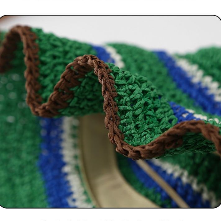 バケットハット 配色 ストライプ柄 手編み 麦わらバケットハット