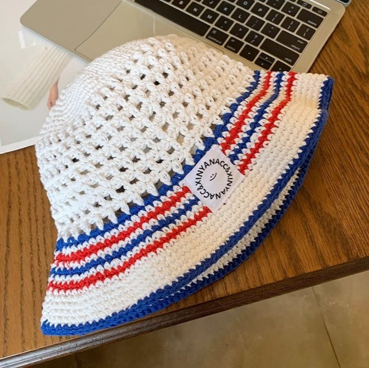 バケットハット マリン風 ストライプ 透かし編み 編み物バケットハット