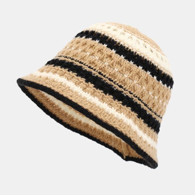 バケットハット マルチボーダー 編み込み 編み物バケットハット