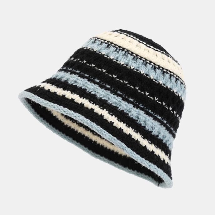 バケットハット マルチボーダー 編み込み 編み物バケットハット