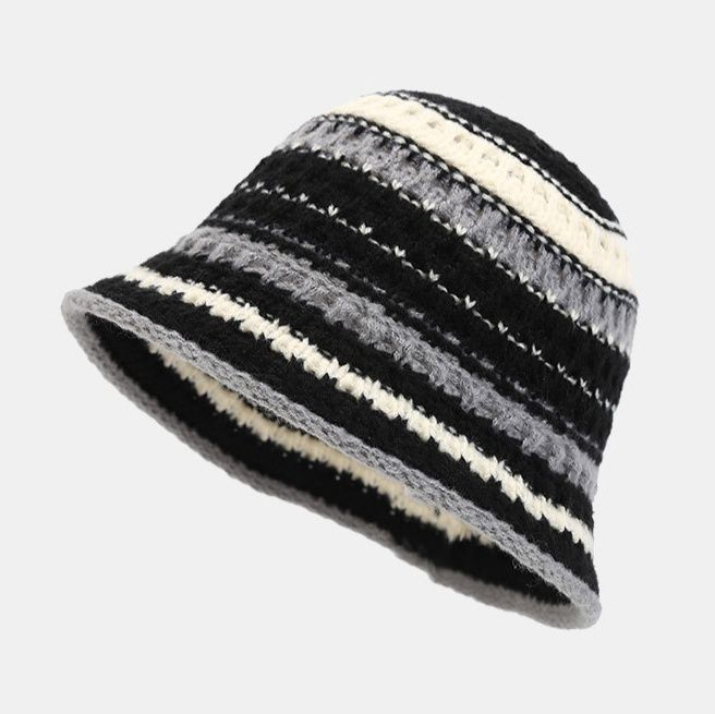 バケットハット マルチボーダー 編み込み 編み物バケットハット