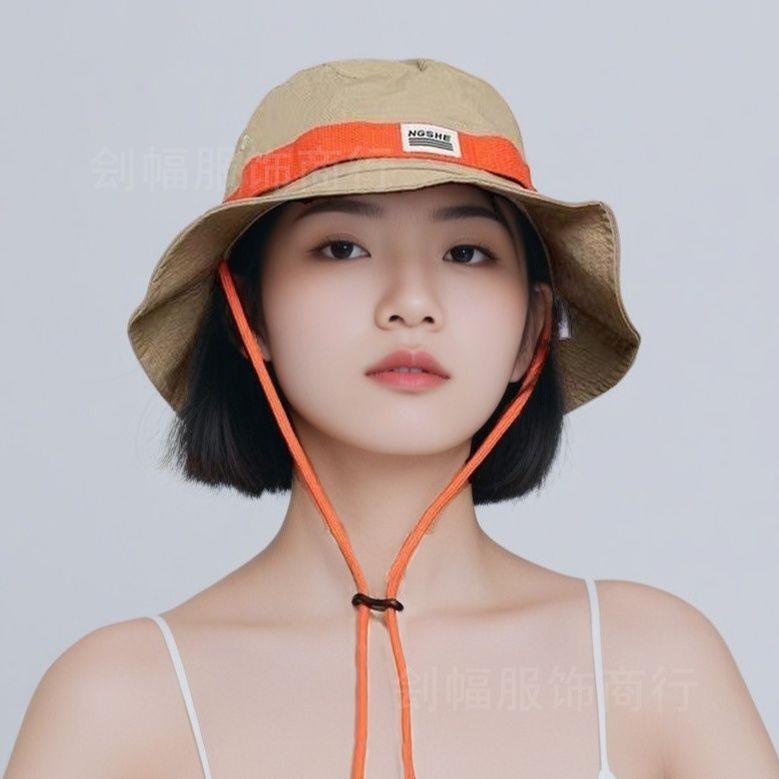 バケットハット 配色切替ワンポイント刺繍紐付きバケットハット