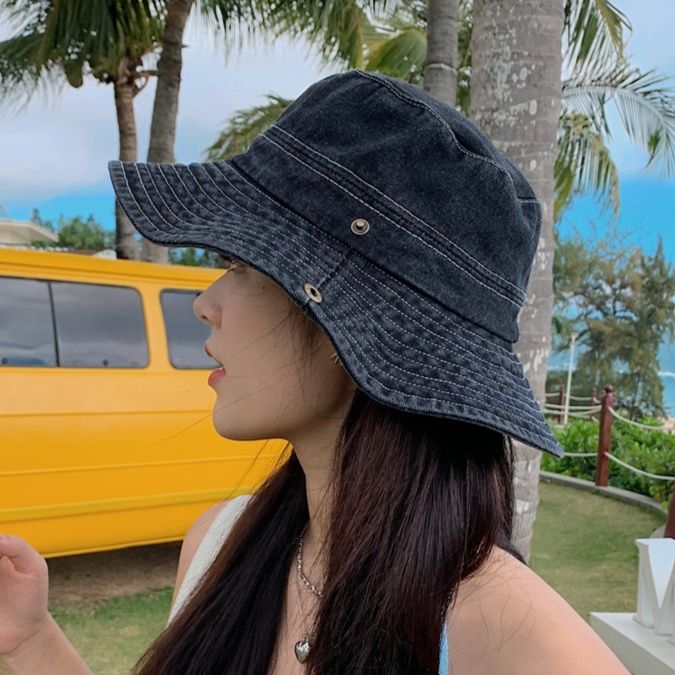 バケットハット ウォッシュ加工デニム生地のつば広バケットハット
