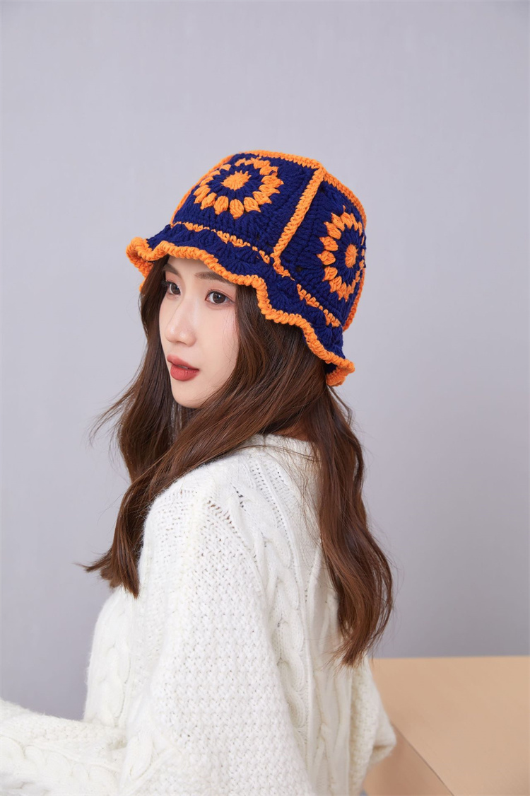 バケットハット 手編み編み物バケット帽 レトロ風つば付きニット帽 保温通気性抜群