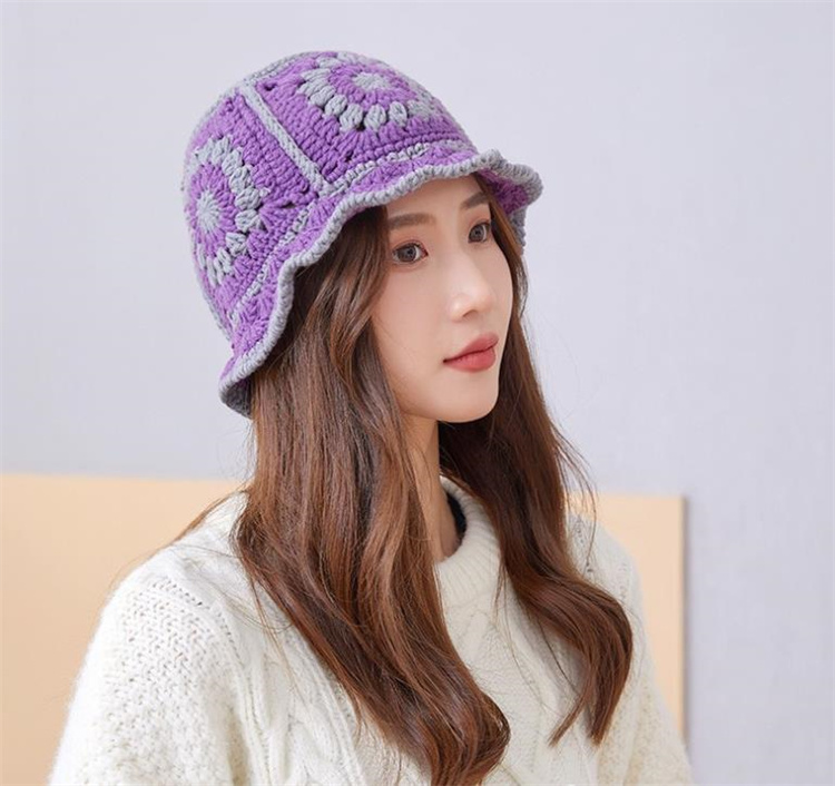 バケットハット 手編み編み物バケット帽 レトロ風つば付きニット帽 保温通気性抜群