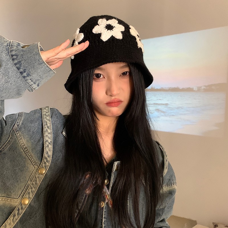 バケットハット 編み物花柄ニット帽子 女性用バケット型 小顔効果秋冬
