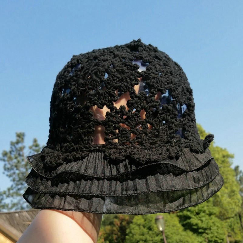 バケットハット 透かし編み 花模様 かぎ針編み フリル つば広 編み物バケットハット