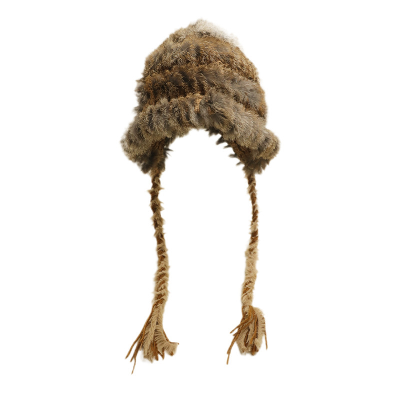 バケットハット ふわふわ毛足長編み込みひも付きファーバケットハット