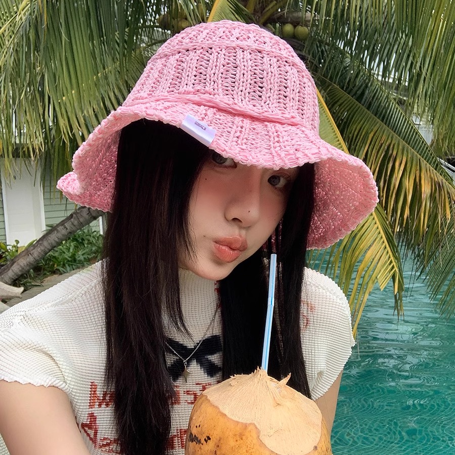 手編み風バケットハット 韓国風レディース帽子 春夏編み物