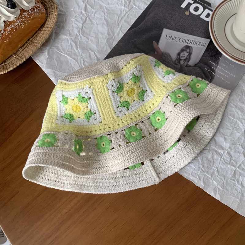 バケットハット 編み物花柄バケットハット レディース 韓国風帽子