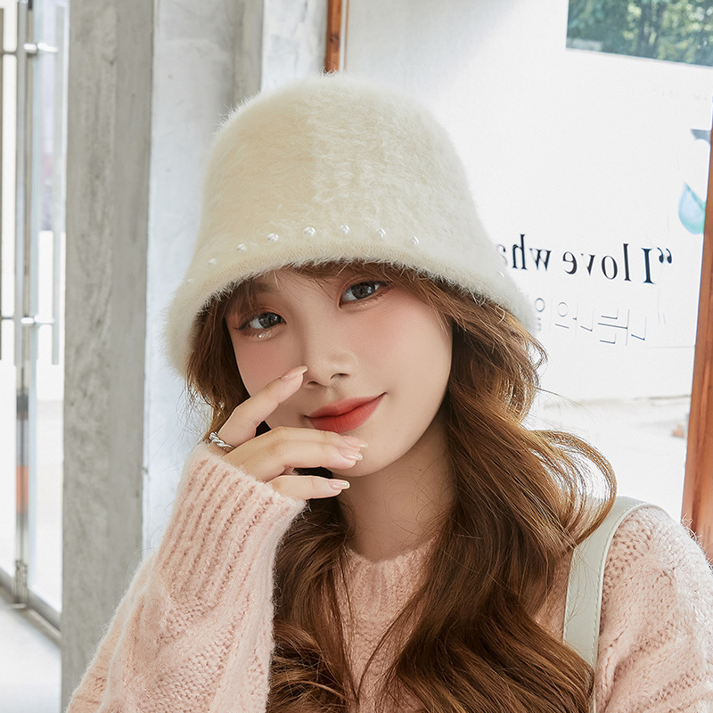 バケットハット 秋冬ファー帽子 真珠付きバケット帽 女性用 全6色