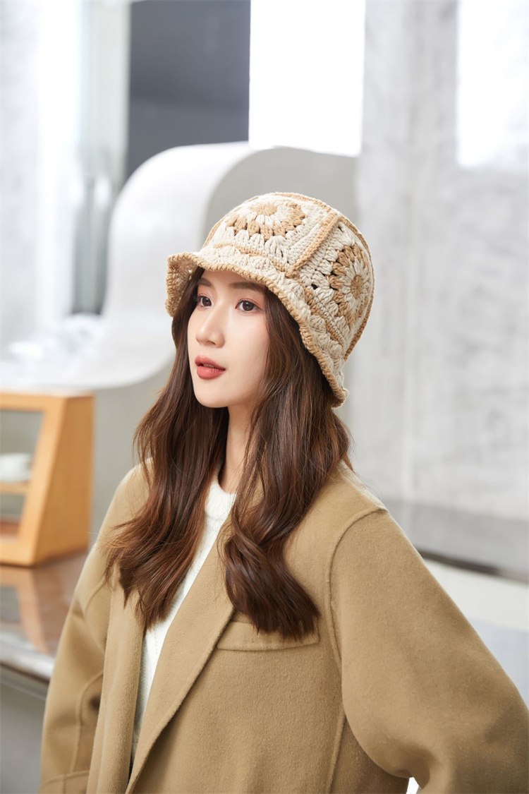 バケットハット 手編み編み物バケット帽 レトロ風つば付きニット帽 保温通気性抜群