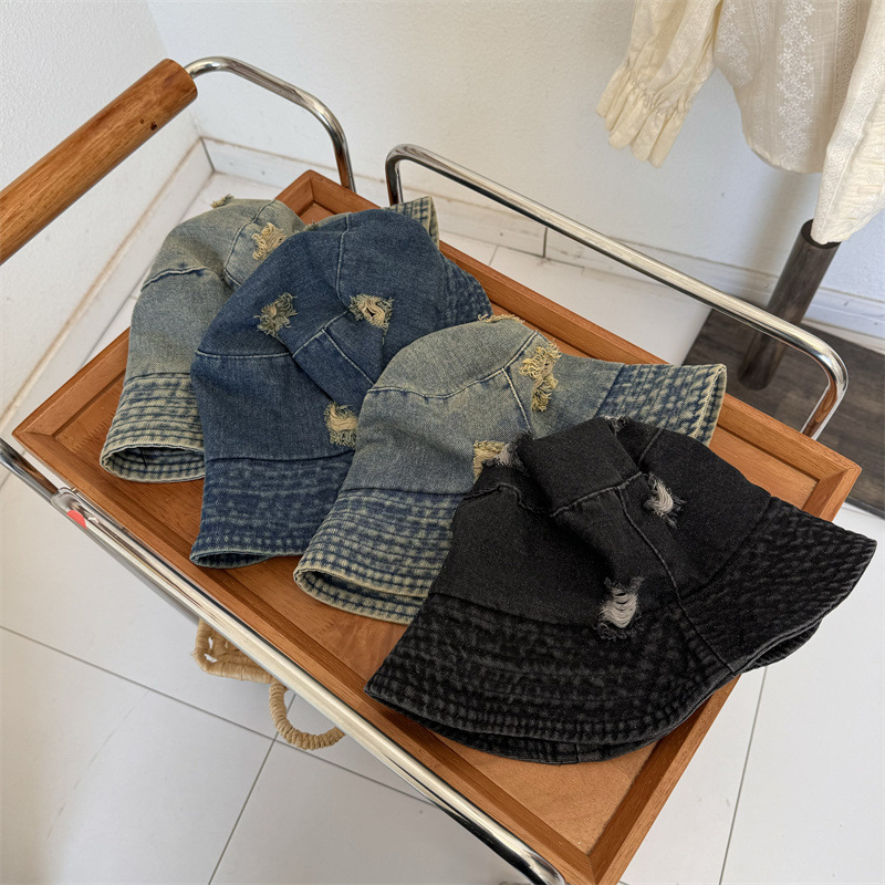 バケットハット ダメージ加工千鳥格子切替デニムバケットハット