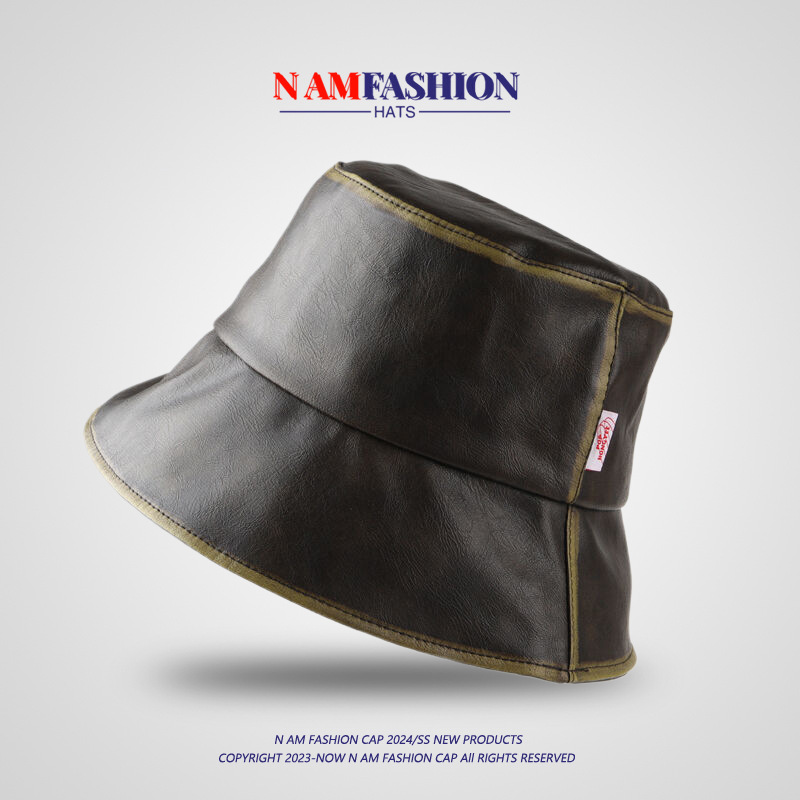バケットハット 本革仕立て 上質 縫製デザイン レザー調バケットハット