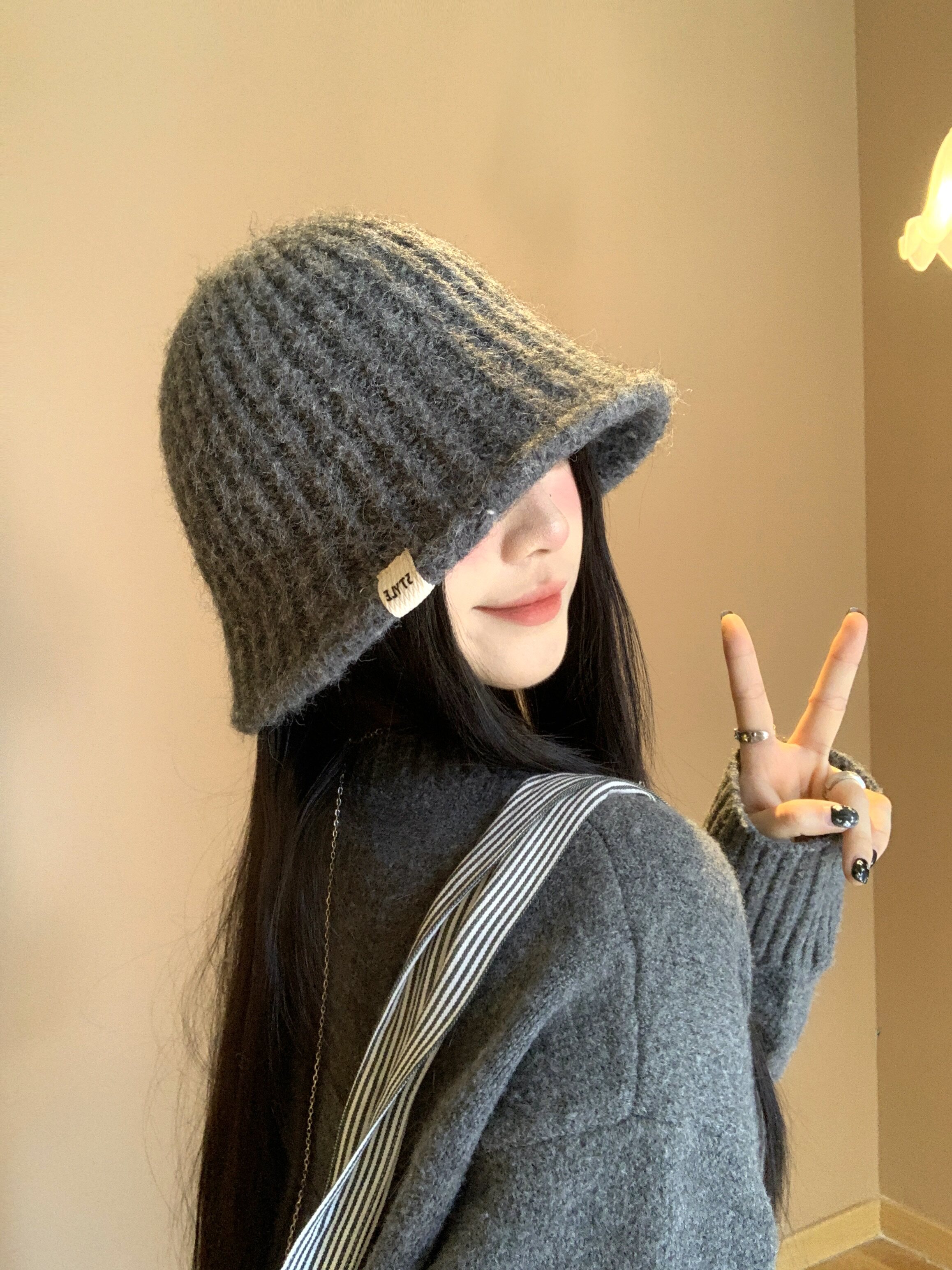 バケットハット ふわもこリブ編み込みバケットハット