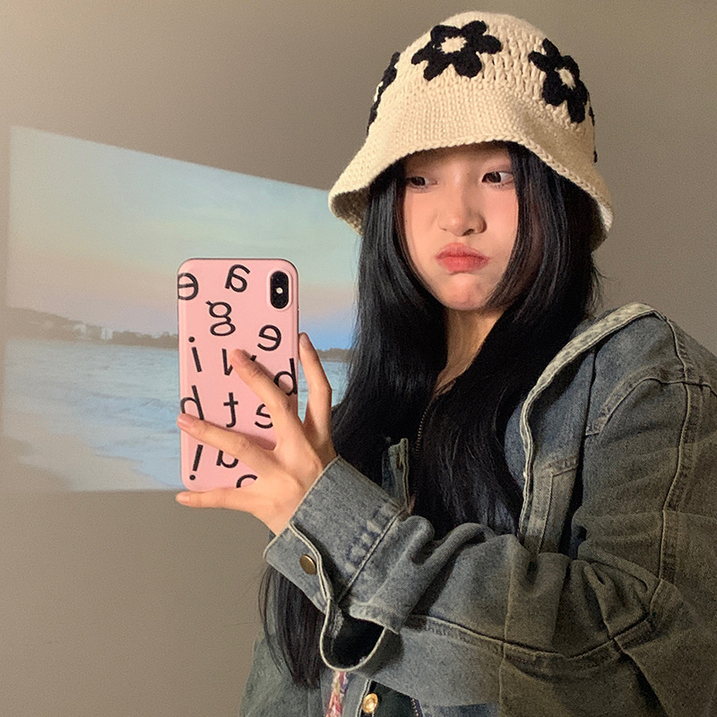 バケットハット 編み物花柄ニット帽子 女性用バケット型 小顔効果秋冬