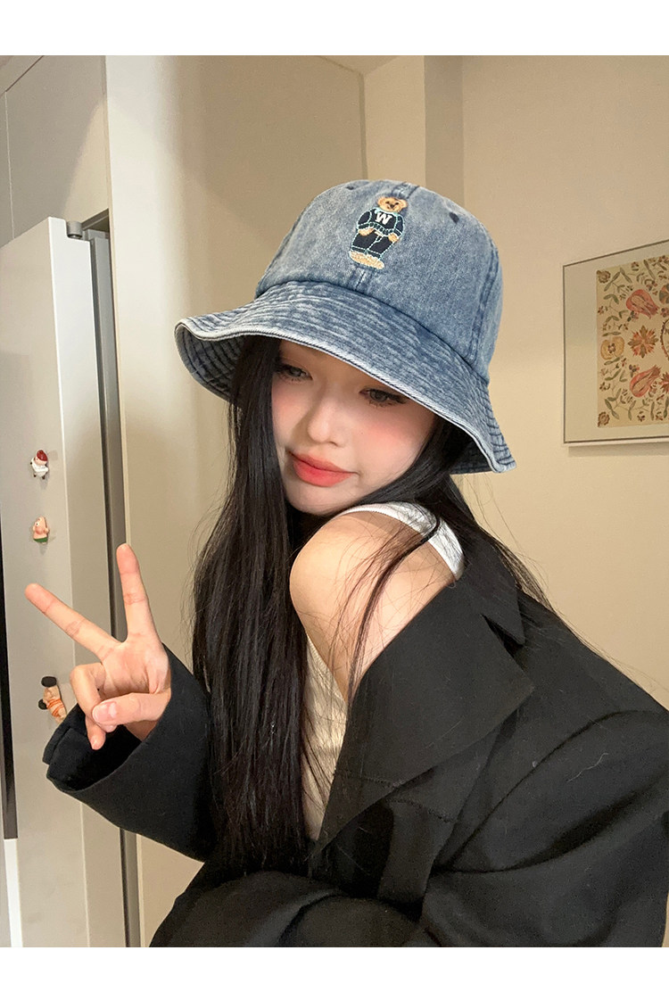 バケットハット ワッペン付き くま 可愛い デニムバケットハット