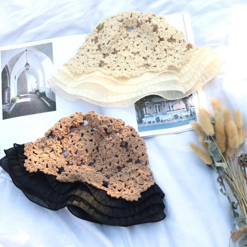 バケットハット 透かし編み 花模様 かぎ針編み フリル つば広 編み物バケットハット